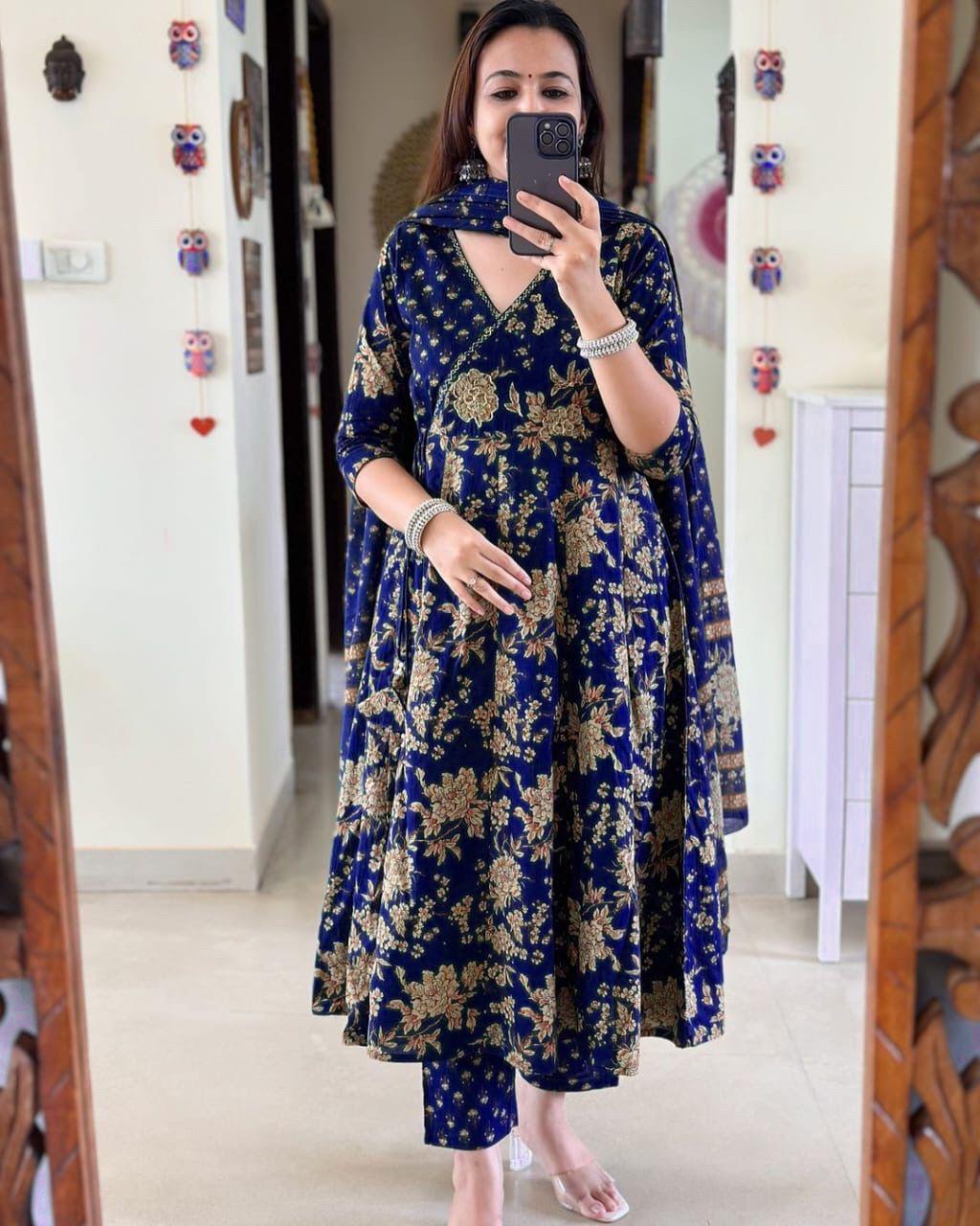 Anarkali Kurta Set With Angrakha Style For Women(BLUE)