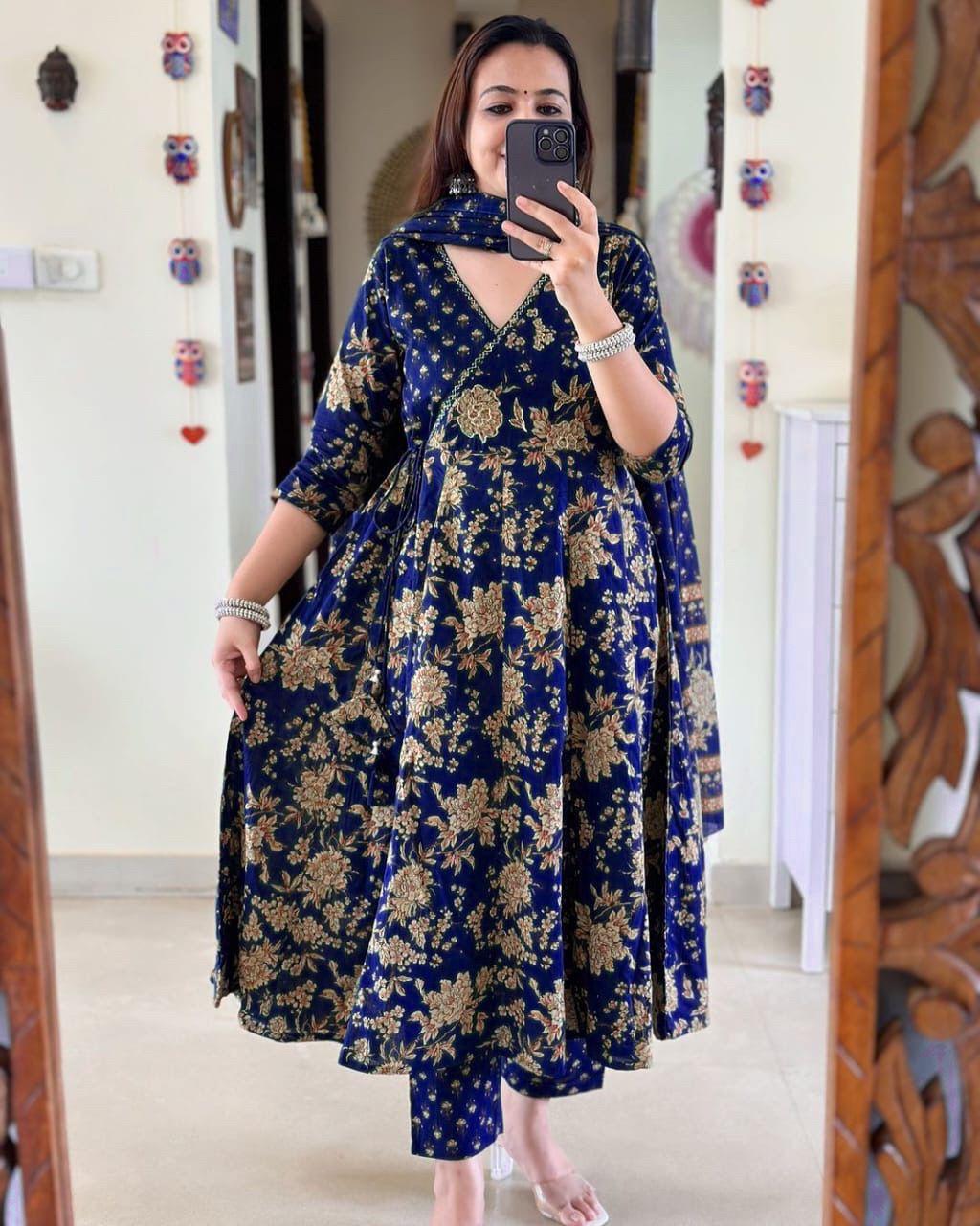 Anarkali Kurta Set With Angrakha Style For Women(BLUE)
