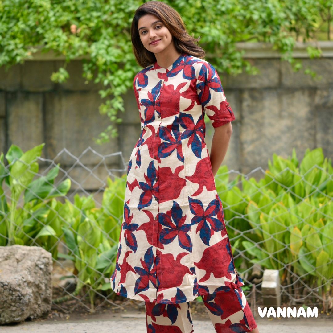 Women Casual Cotton Printed Red Co-Ord Set