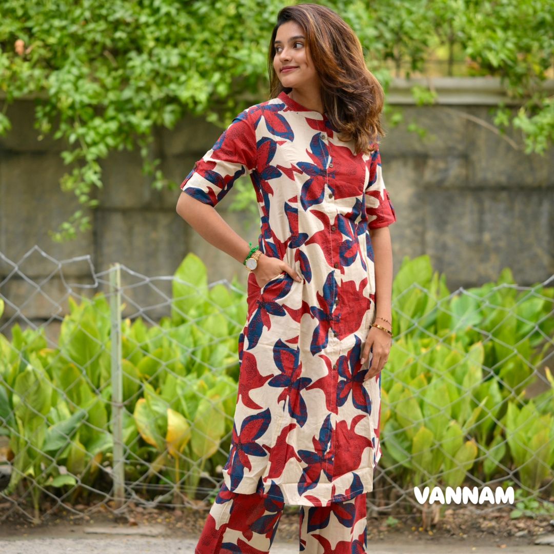 Women Casual Cotton Printed Red Co-Ord Set