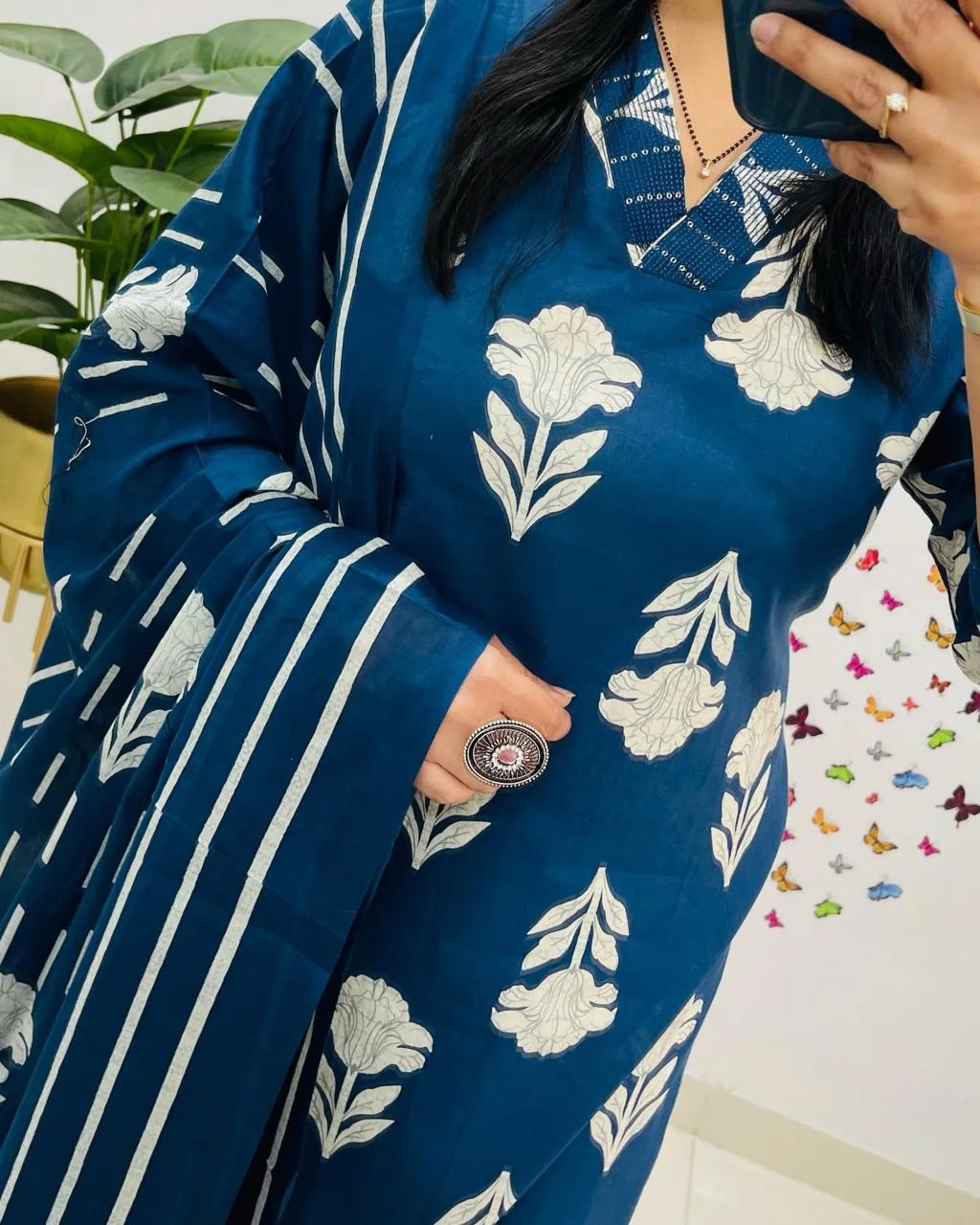 Blue Designer Azrak Print Cotton Suit