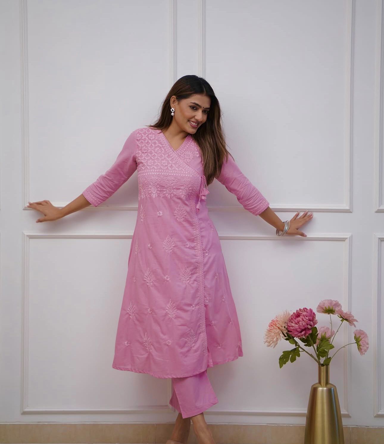 Pink Cotton Chikankari Angrakha Style Kurta and Pant Set
