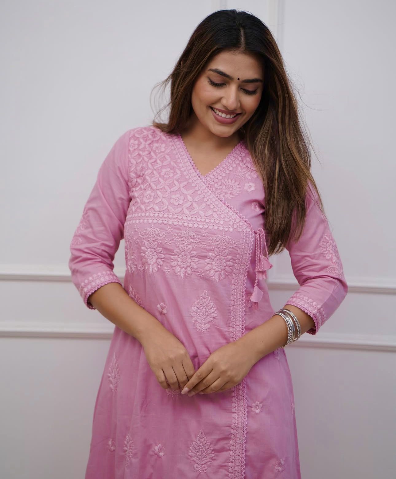 Pink Cotton Chikankari Angrakha Style Kurta and Pant Set