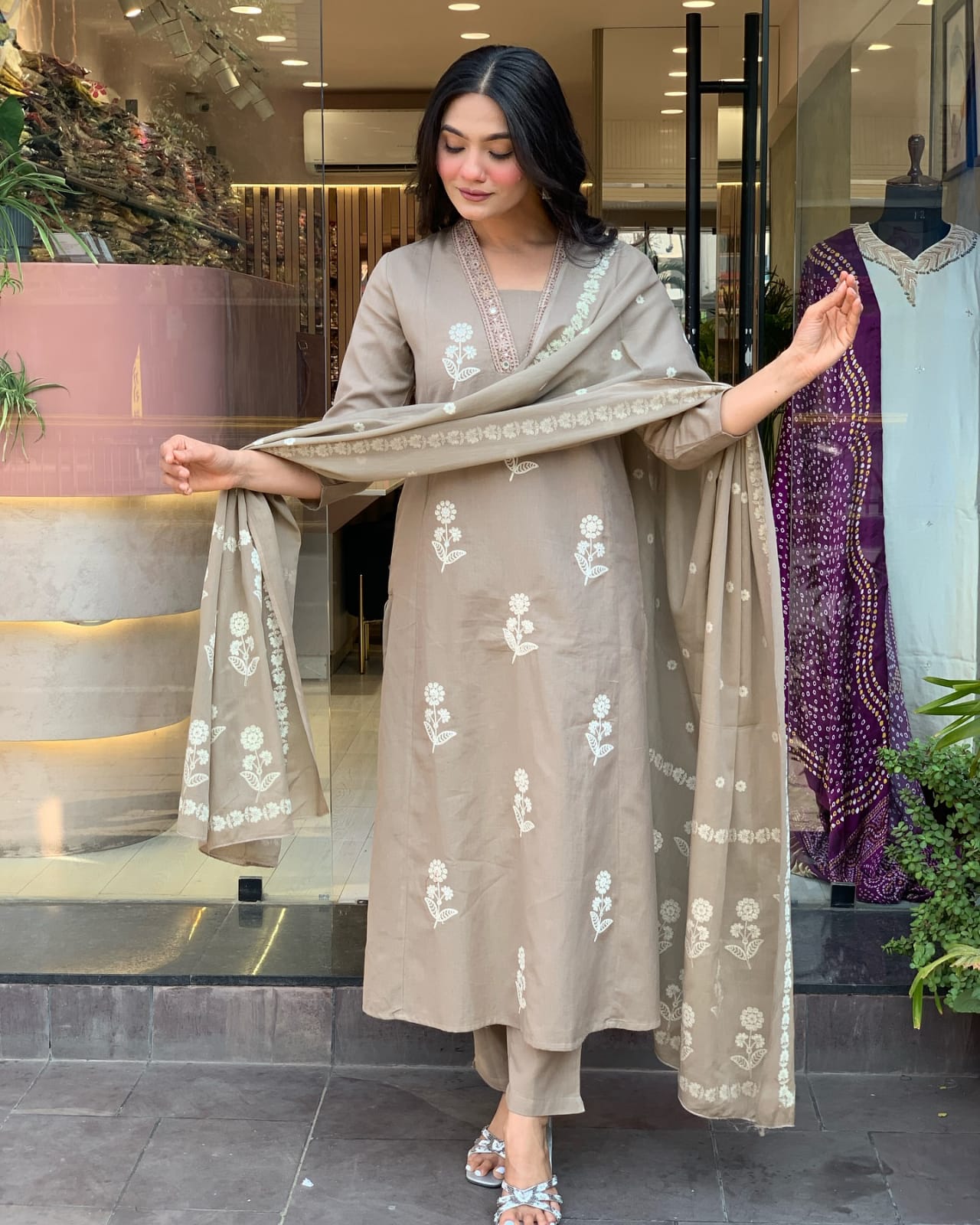 Biba Pure Cotton Fabric Kurti Pant With Malmal Dupatta(Grey)