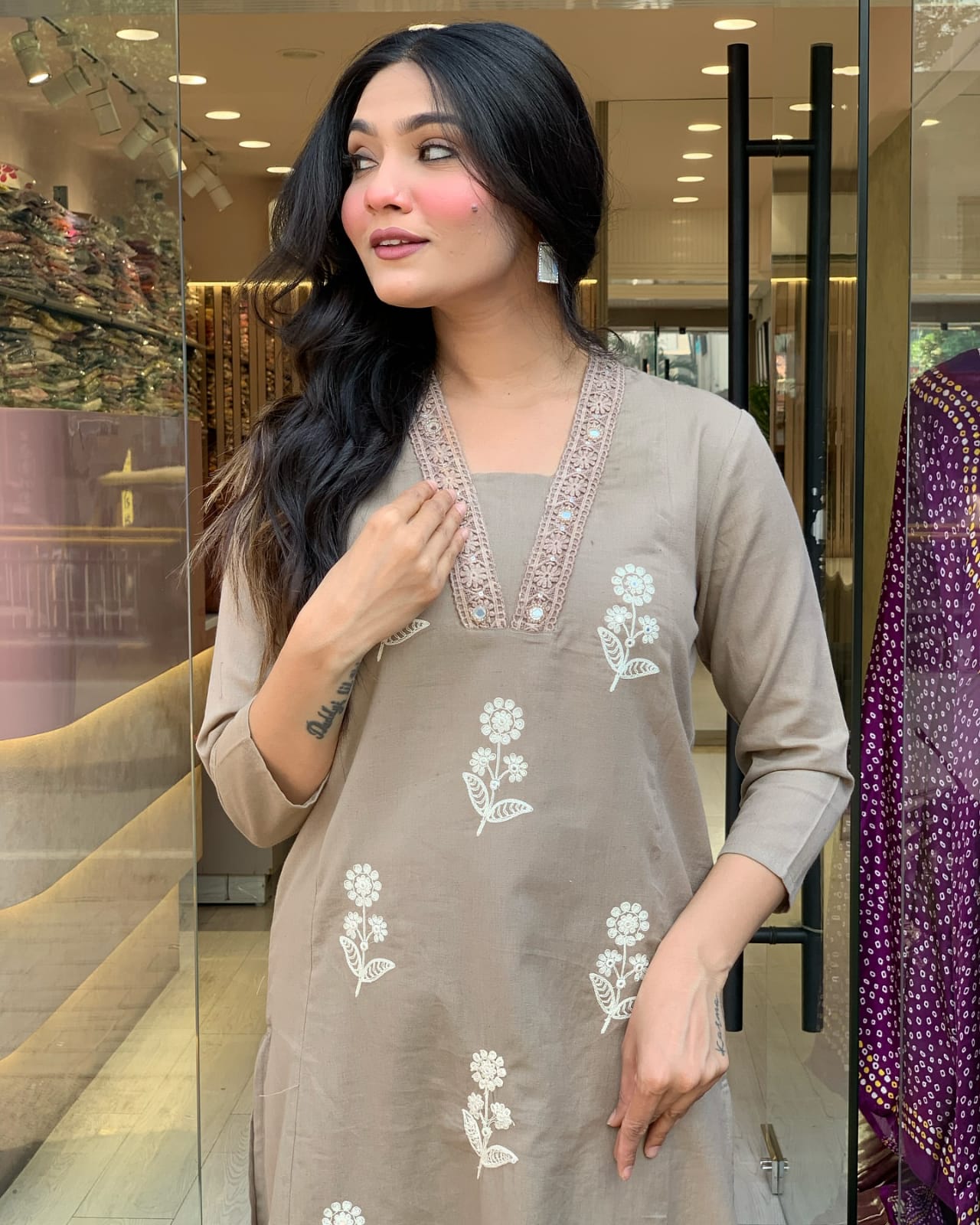 Biba Pure Cotton Fabric Kurti Pant With Malmal Dupatta(Grey)