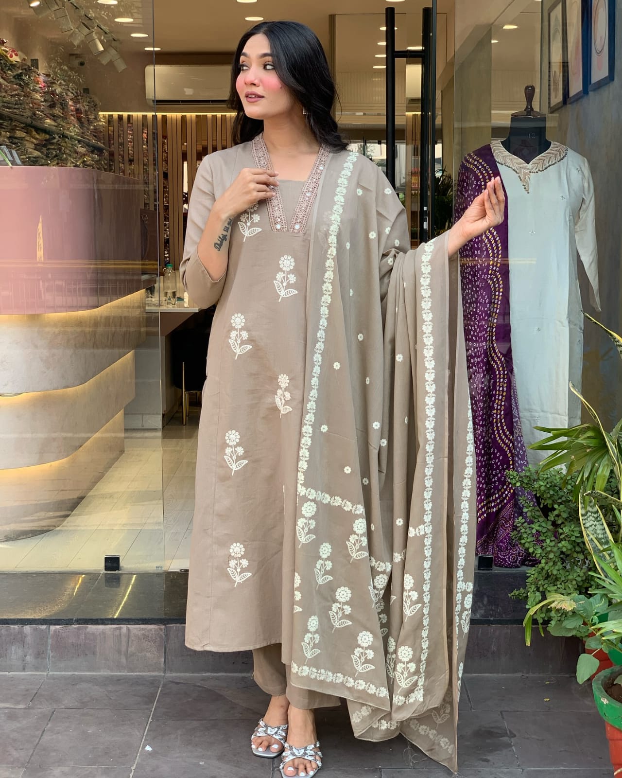 Biba Pure Cotton Fabric Kurti Pant With Malmal Dupatta(Grey)
