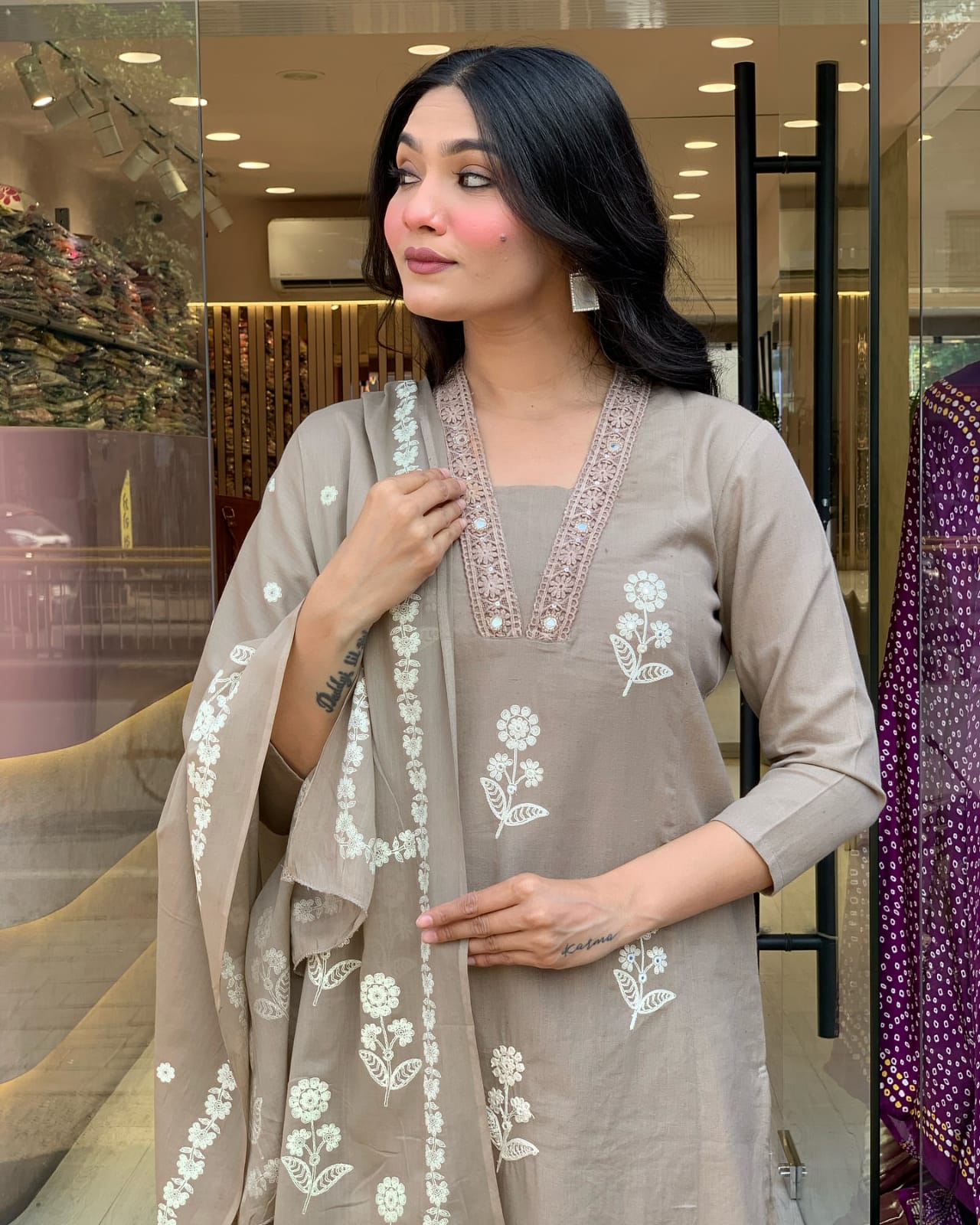 Biba Pure Cotton Fabric Kurti Pant With Malmal Dupatta(Grey)