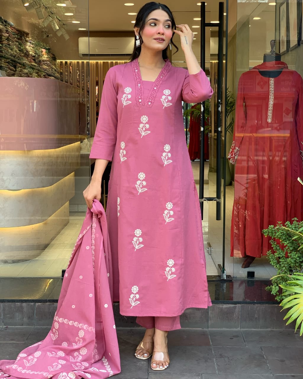 Biba Pure Cotton Fabric Kurti Pant With Malmal Dupatta(PINK)