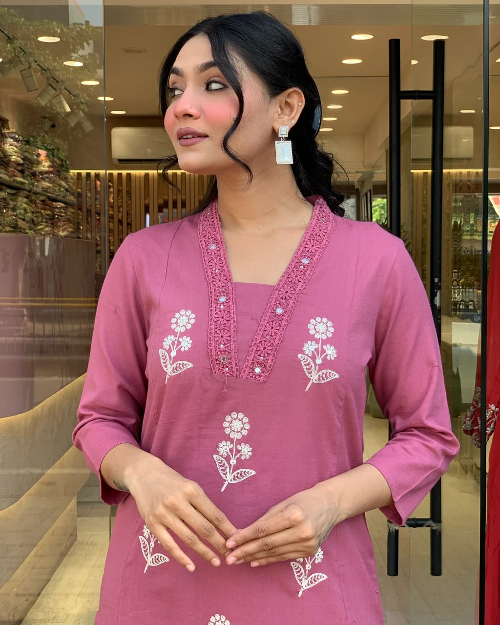 Biba Pure Cotton Fabric Kurti Pant With Malmal Dupatta(PINK)