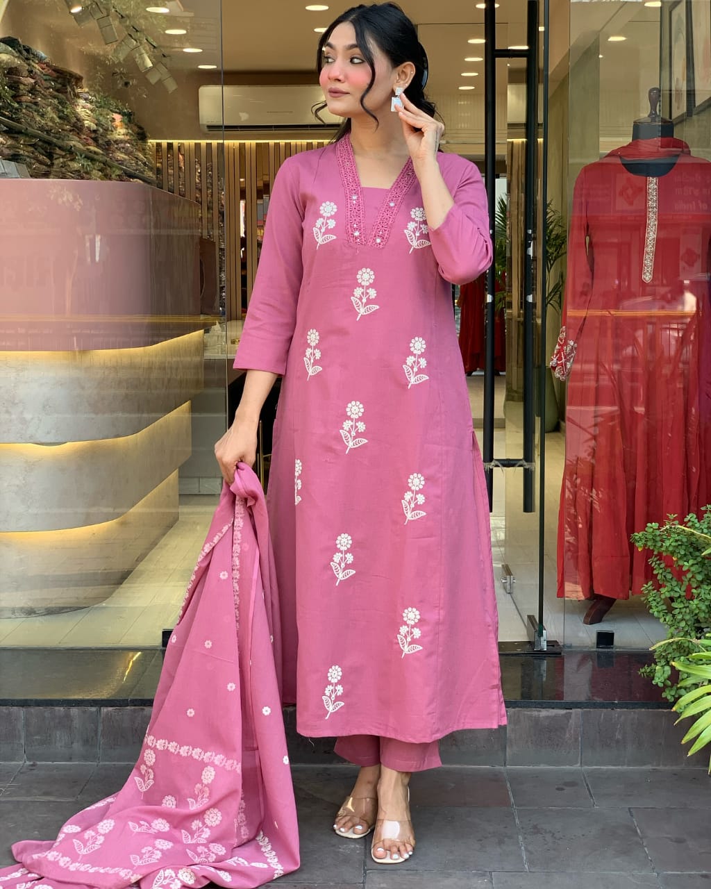 Biba Pure Cotton Fabric Kurti Pant With Malmal Dupatta(PINK)