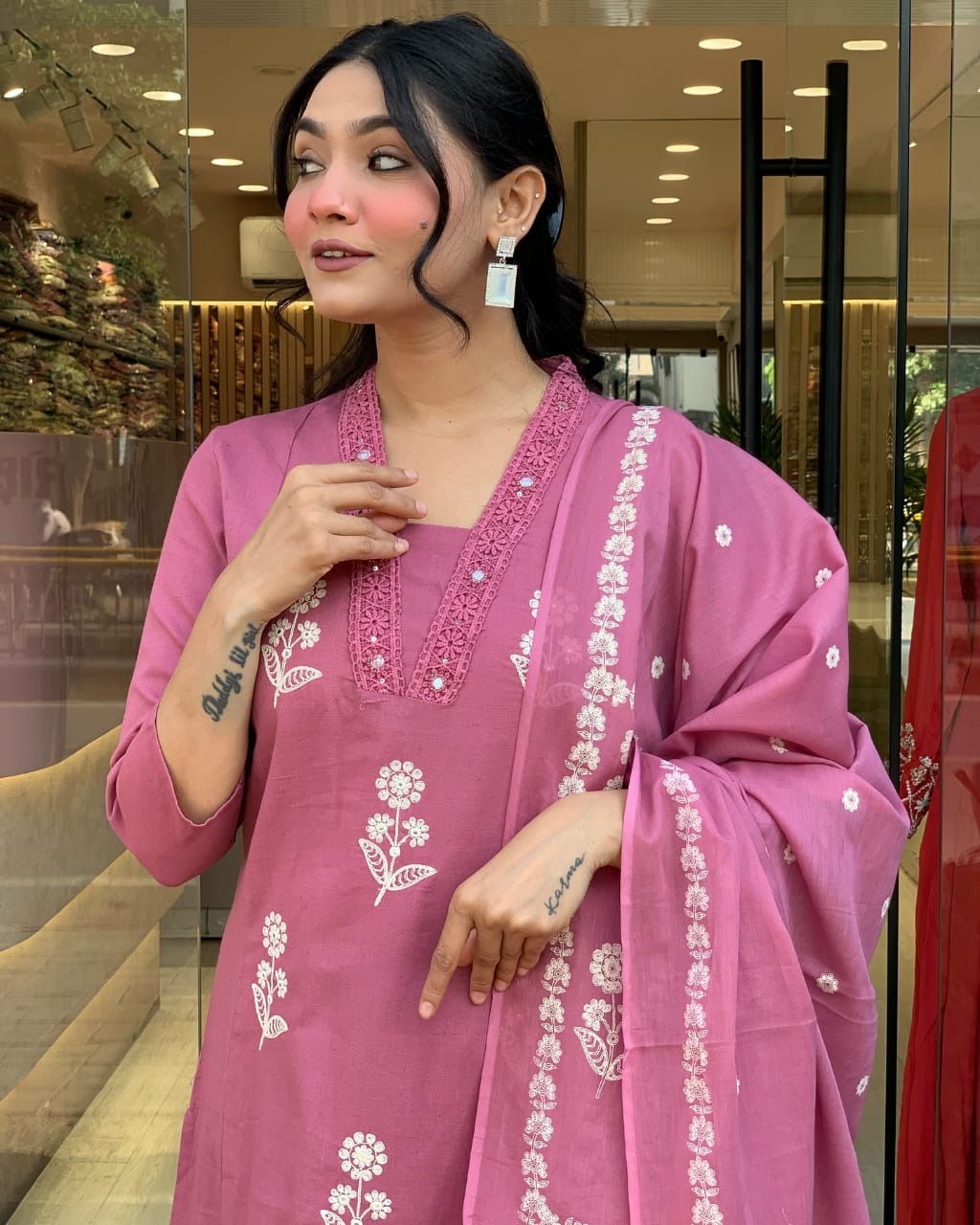 Biba Pure Cotton Fabric Kurti Pant With Malmal Dupatta(PINK)