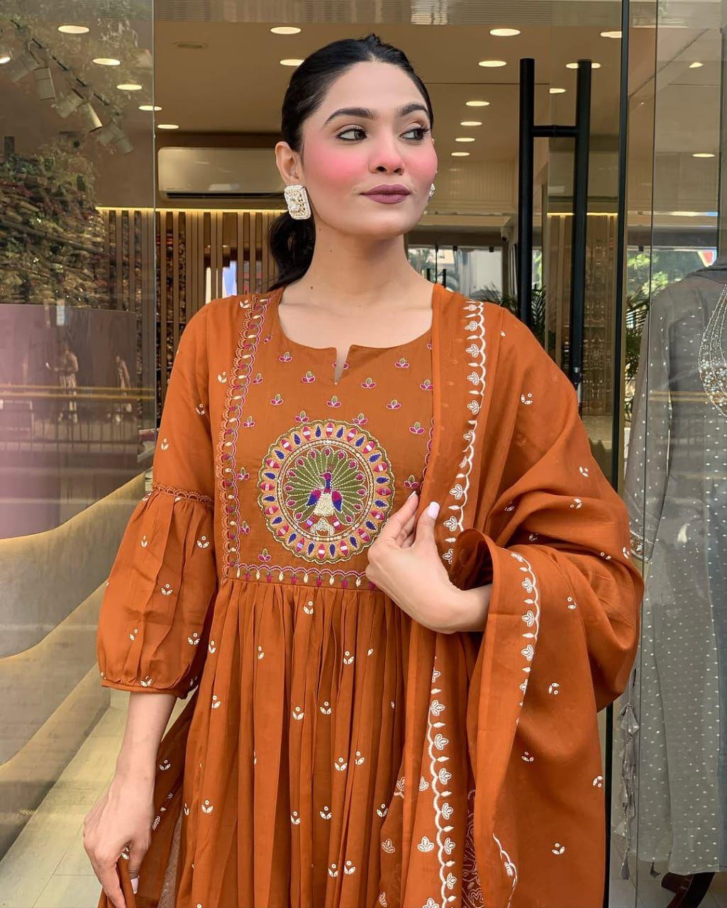 Orange Cotton Kurti Pant Dupatta Set