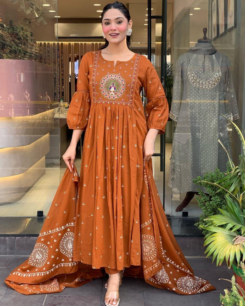 Orange Cotton Kurti Pant Dupatta Set