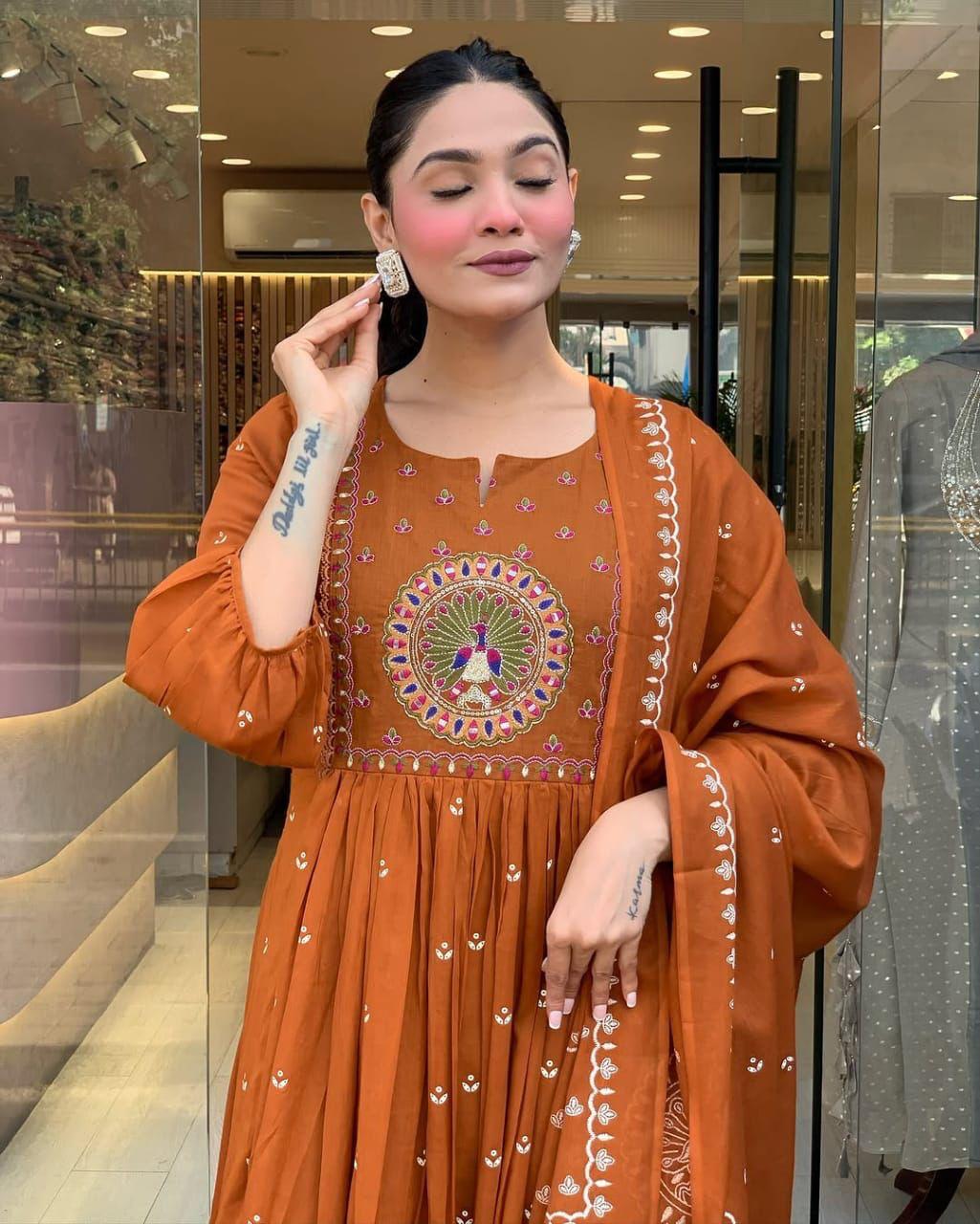 Orange Cotton Kurti Pant Dupatta Set