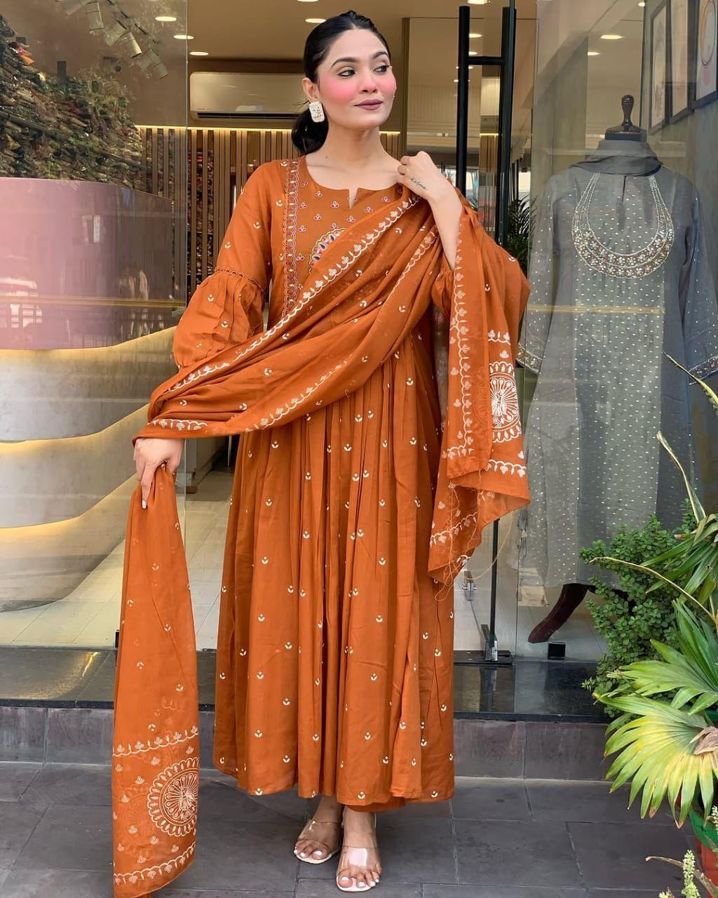 Orange Cotton Kurti Pant Dupatta Set