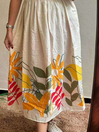 Cream Cotton Fit-and-Flare Dress with Bold Tropical Prints