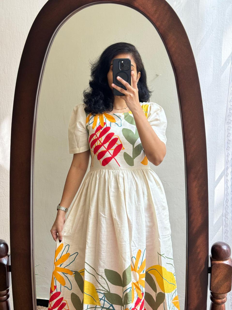 Cream Cotton Fit-and-Flare Dress with Bold Tropical Prints