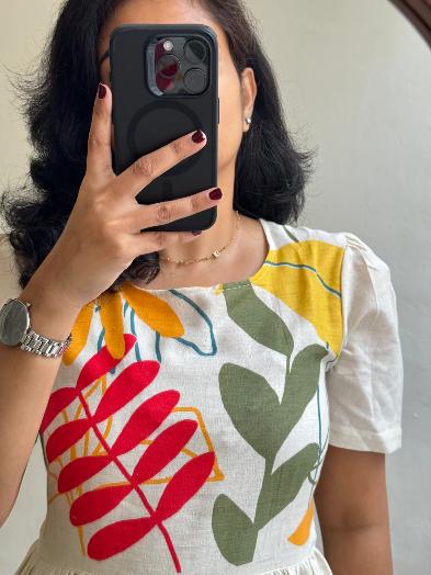 Cream Cotton Fit-and-Flare Dress with Bold Tropical Prints