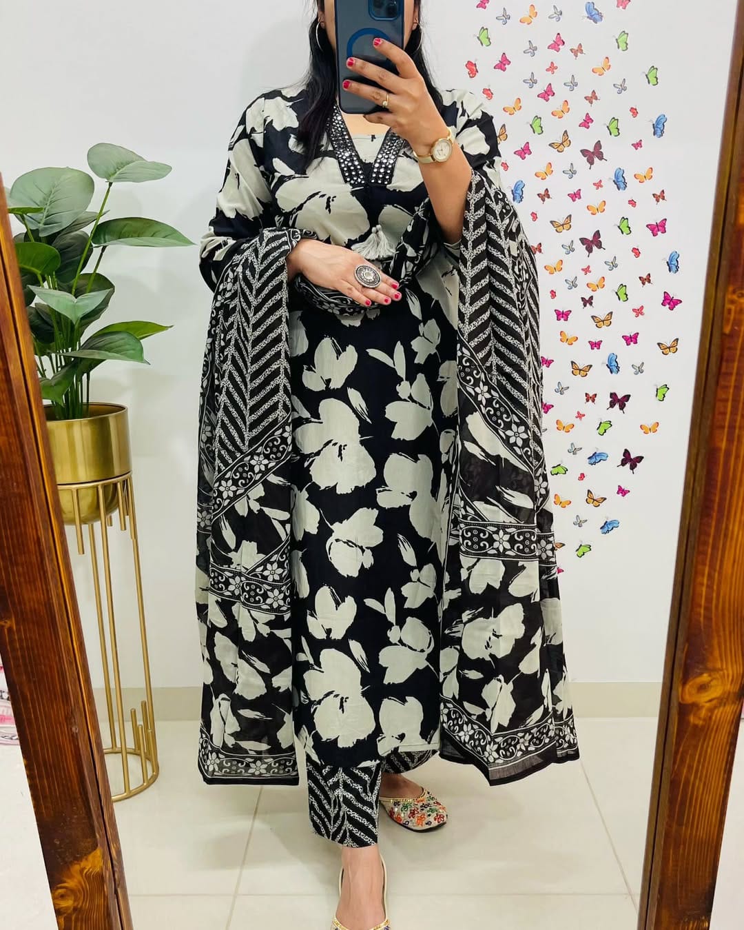 Designer Mughal/Kalamkari Fusion Floral Print Kurti Pant Dupatta Set