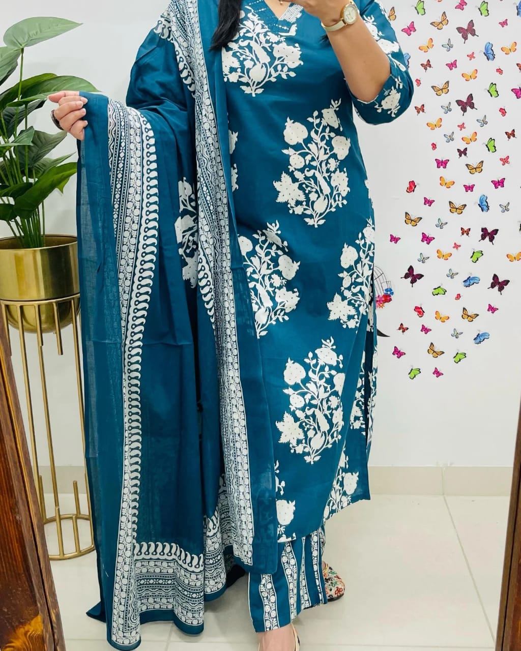 Blue Premium Fine Cotton Kurta Set with Sequin Detailing Work