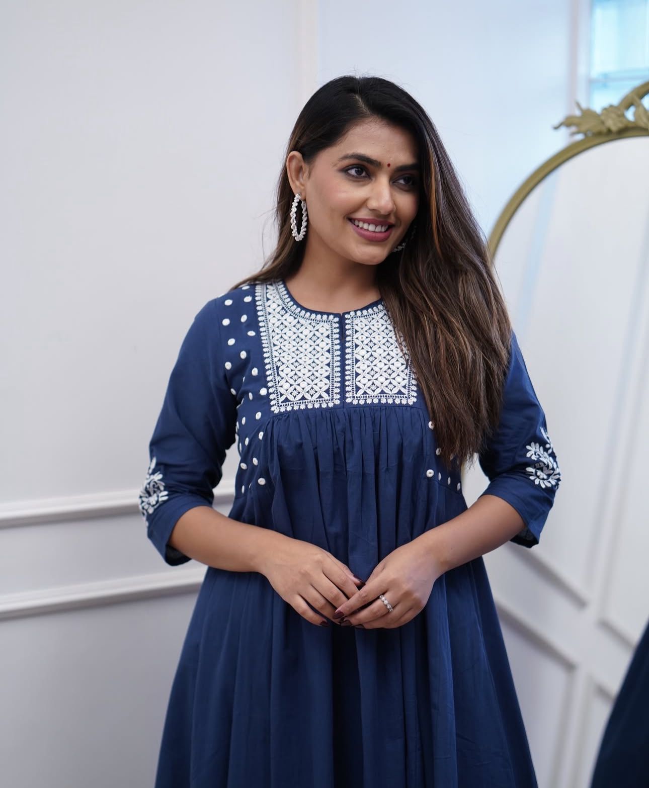 Pure Cotton Work Embroidered Kurti with Palazzo (Blue)