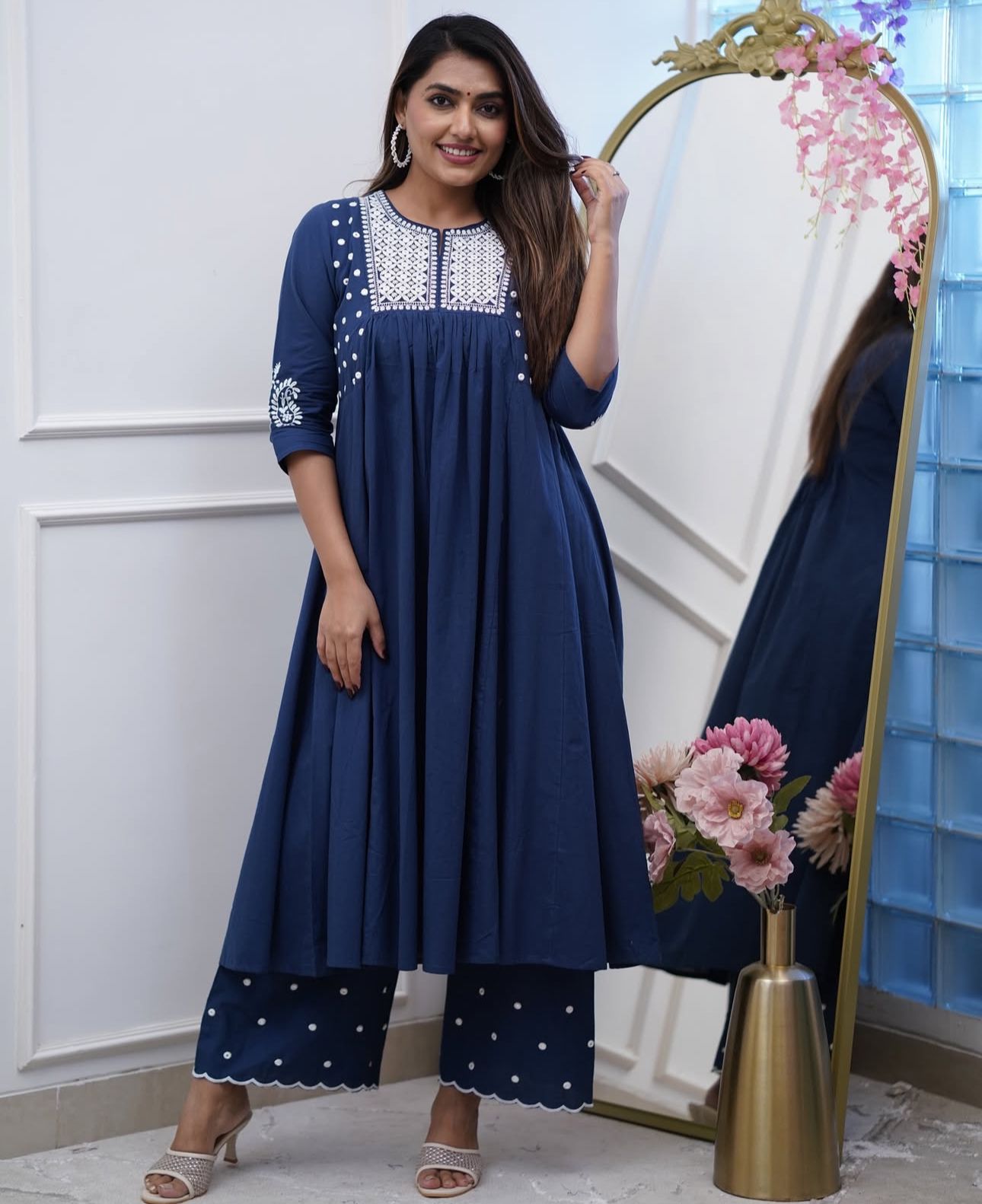 Pure Cotton Work Embroidered Kurti with Palazzo (Blue)