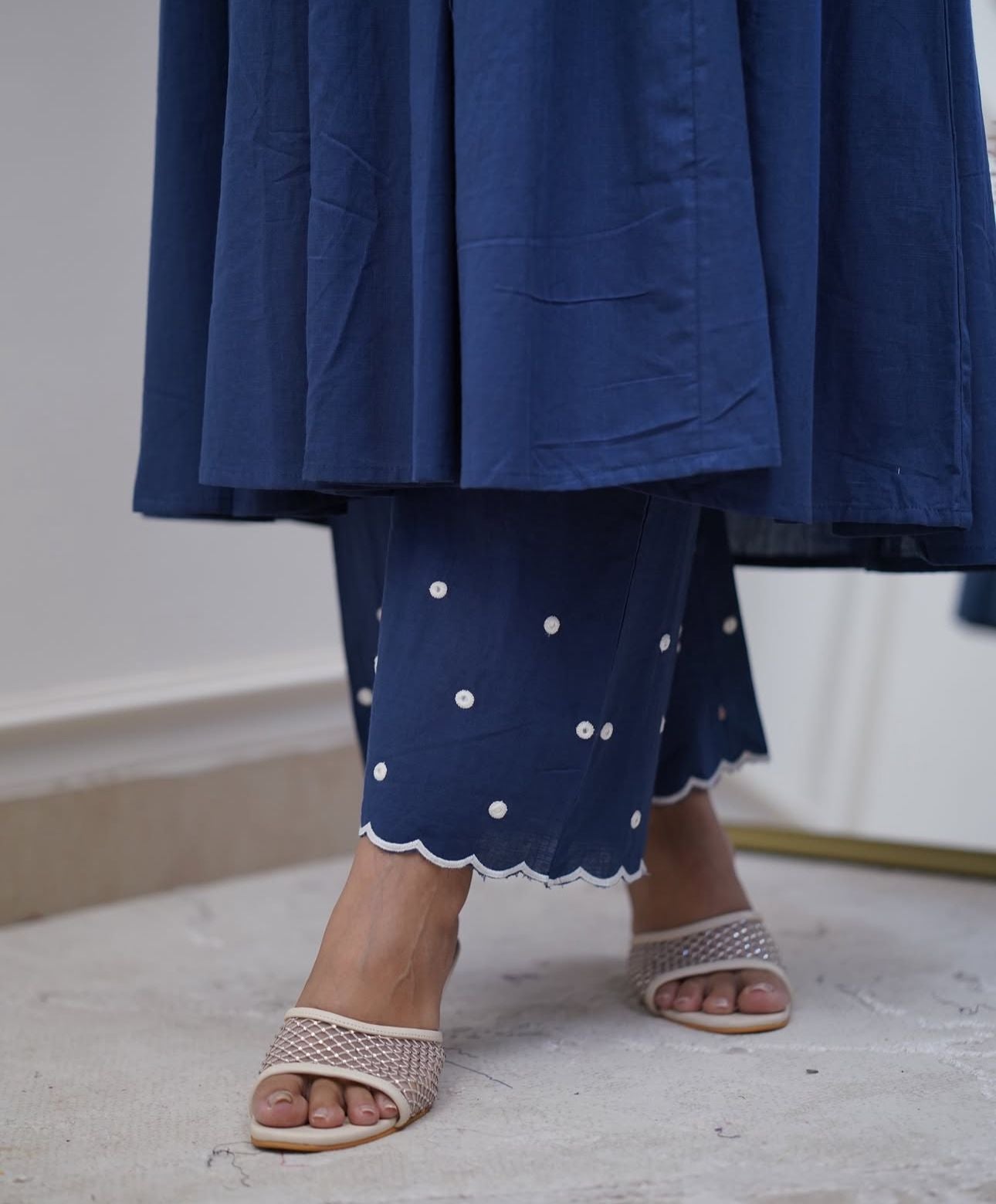 Pure Cotton Work Embroidered Kurti with Palazzo (Blue)