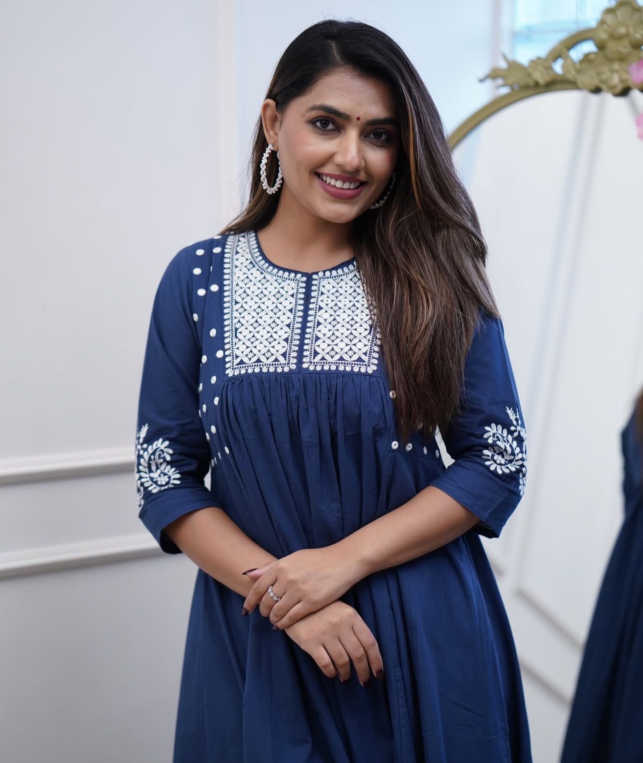 Pure Cotton Work Embroidered Kurti with Palazzo (Blue)