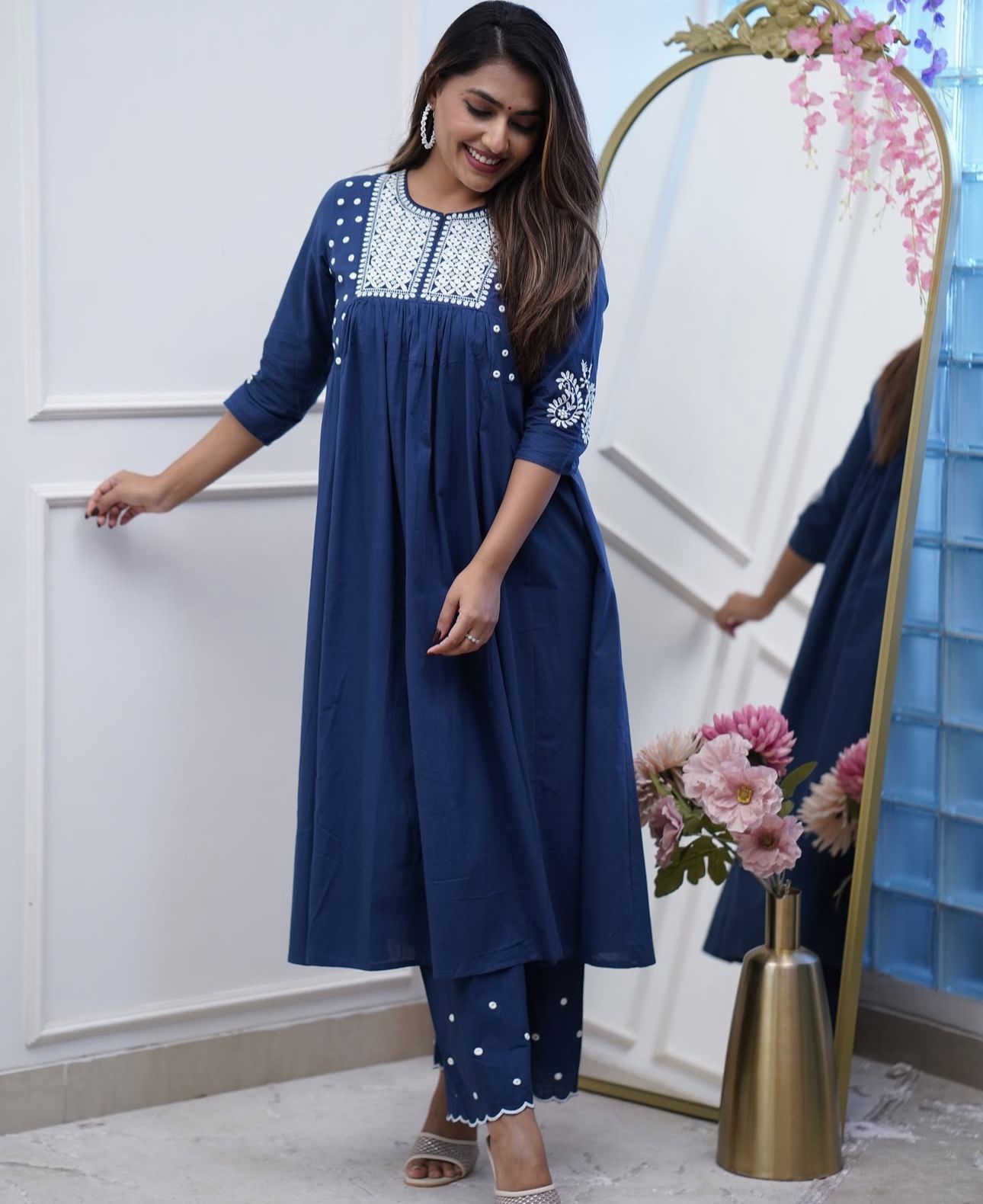 Pure Cotton Work Embroidered Kurti with Palazzo (Blue)