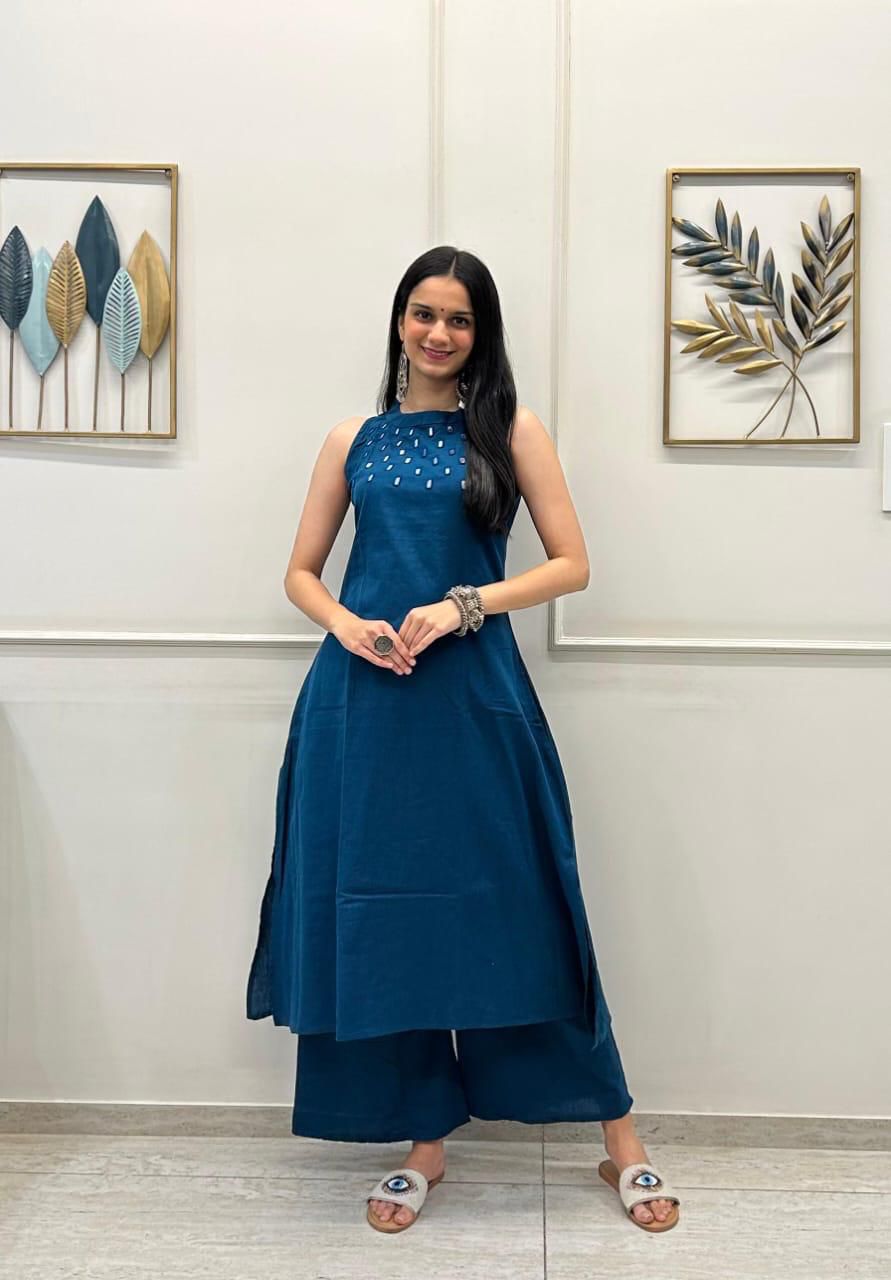 Blue Mirrar Work Embroidered Kurti with Palazzo