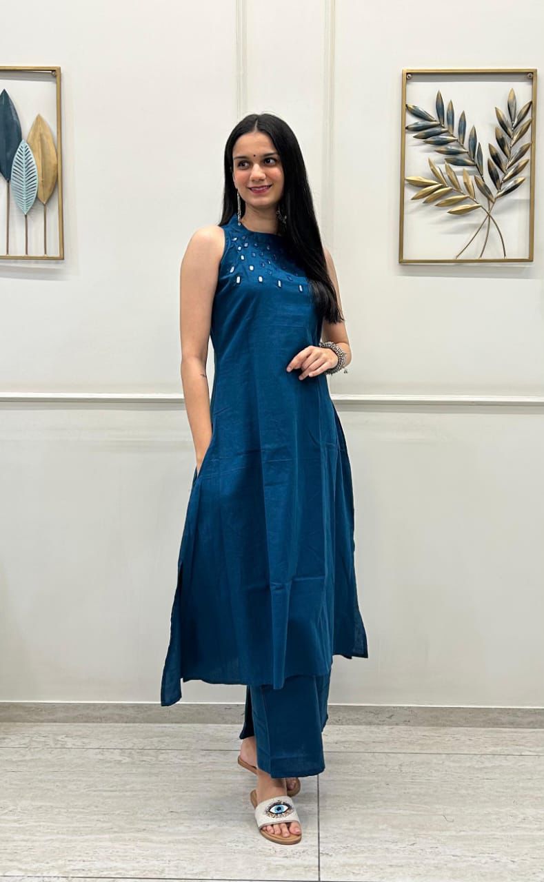 Blue Mirrar Work Embroidered Kurti with Palazzo