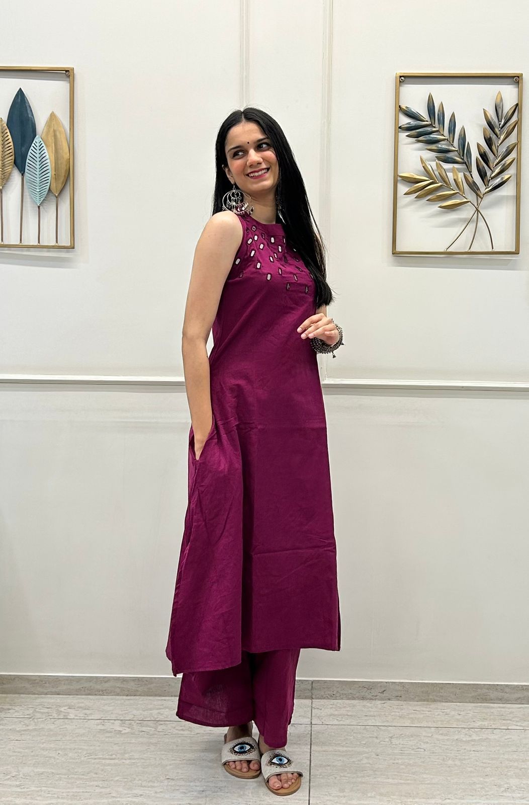 Wine Mirrar Work Embroidered Kurti with Palazzo