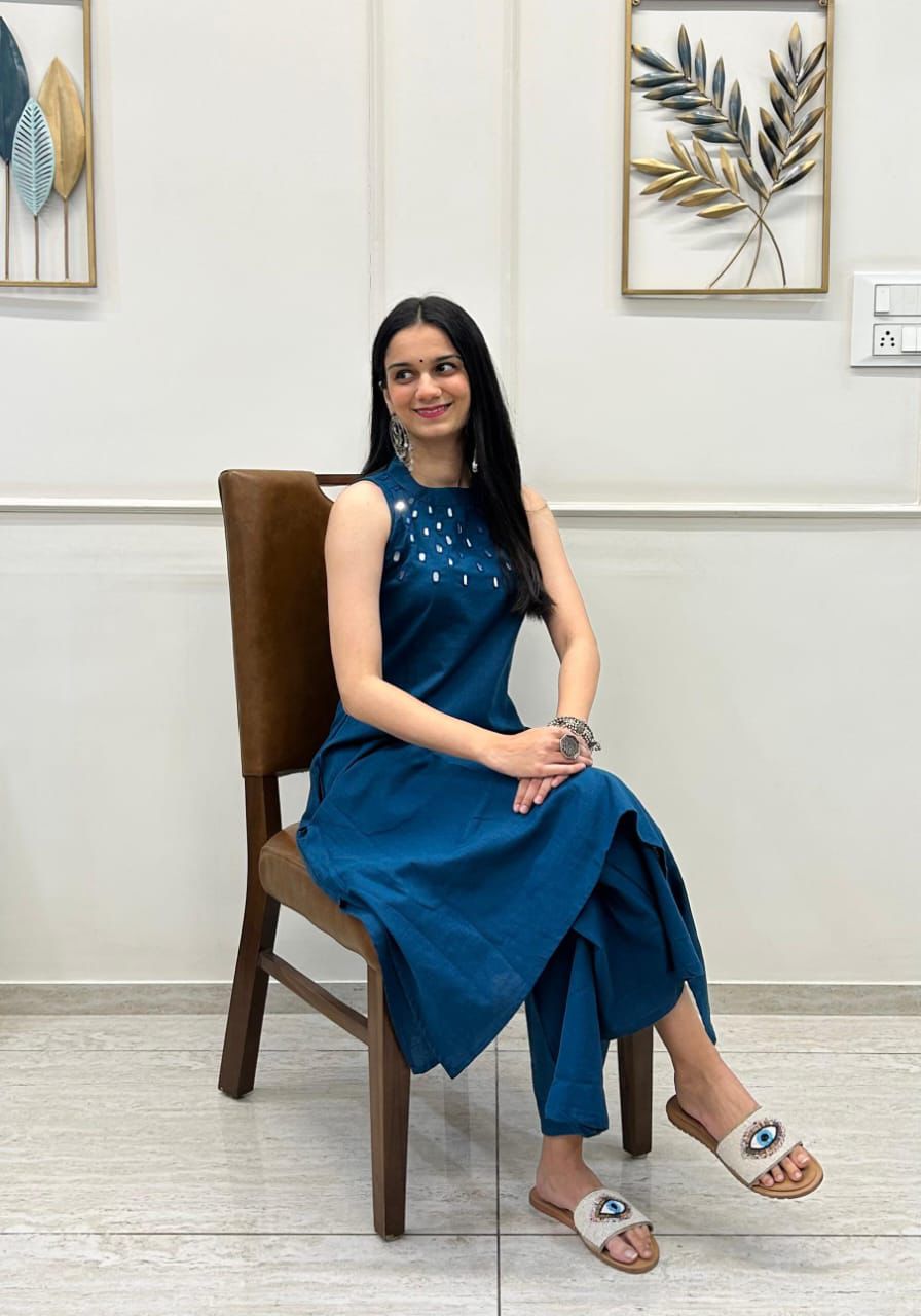 Blue Mirrar Work Embroidered Kurti with Palazzo
