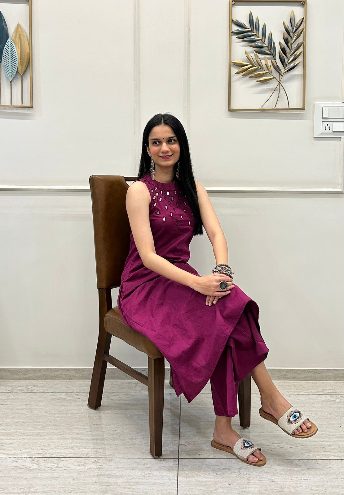 Wine Mirrar Work Embroidered Kurti with Palazzo