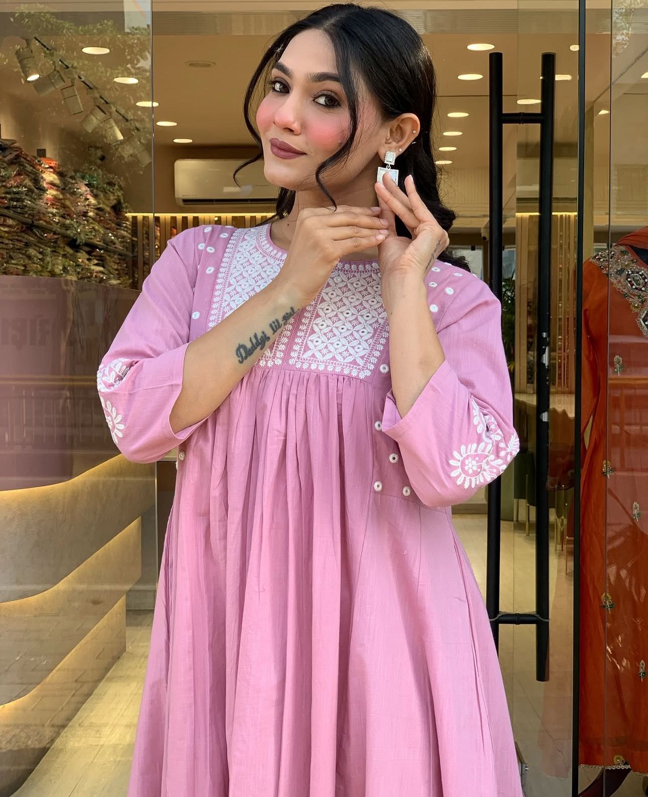 Pure Cotton Work Embroidered Kurti with Palazzo (Pink)