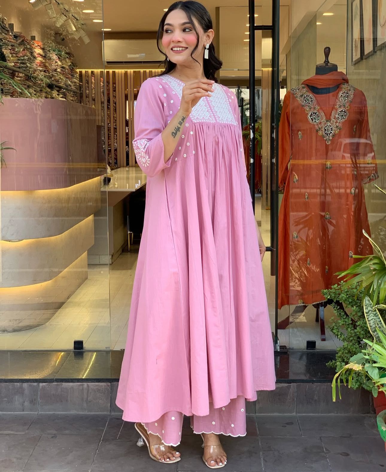 Pure Cotton Work Embroidered Kurti with Palazzo (Pink)