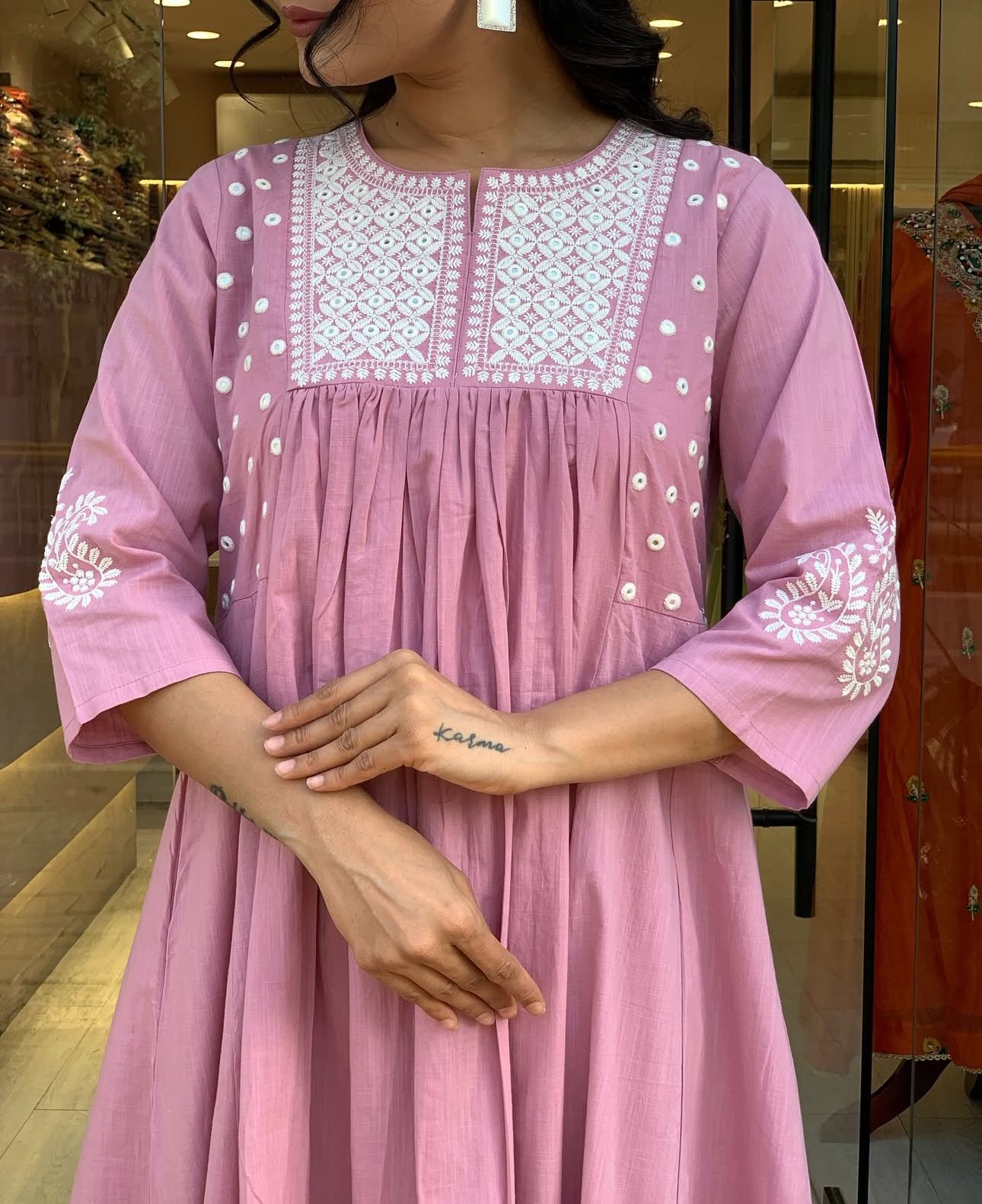 Pure Cotton Work Embroidered Kurti with Palazzo (Pink)