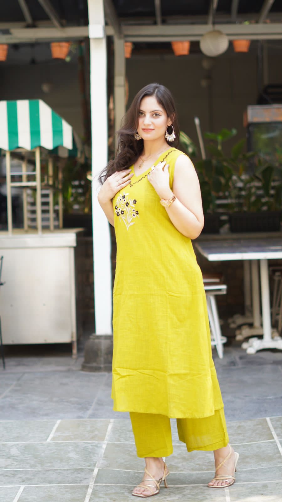 Yellow Work Embroidered Kurti with Palazzo
