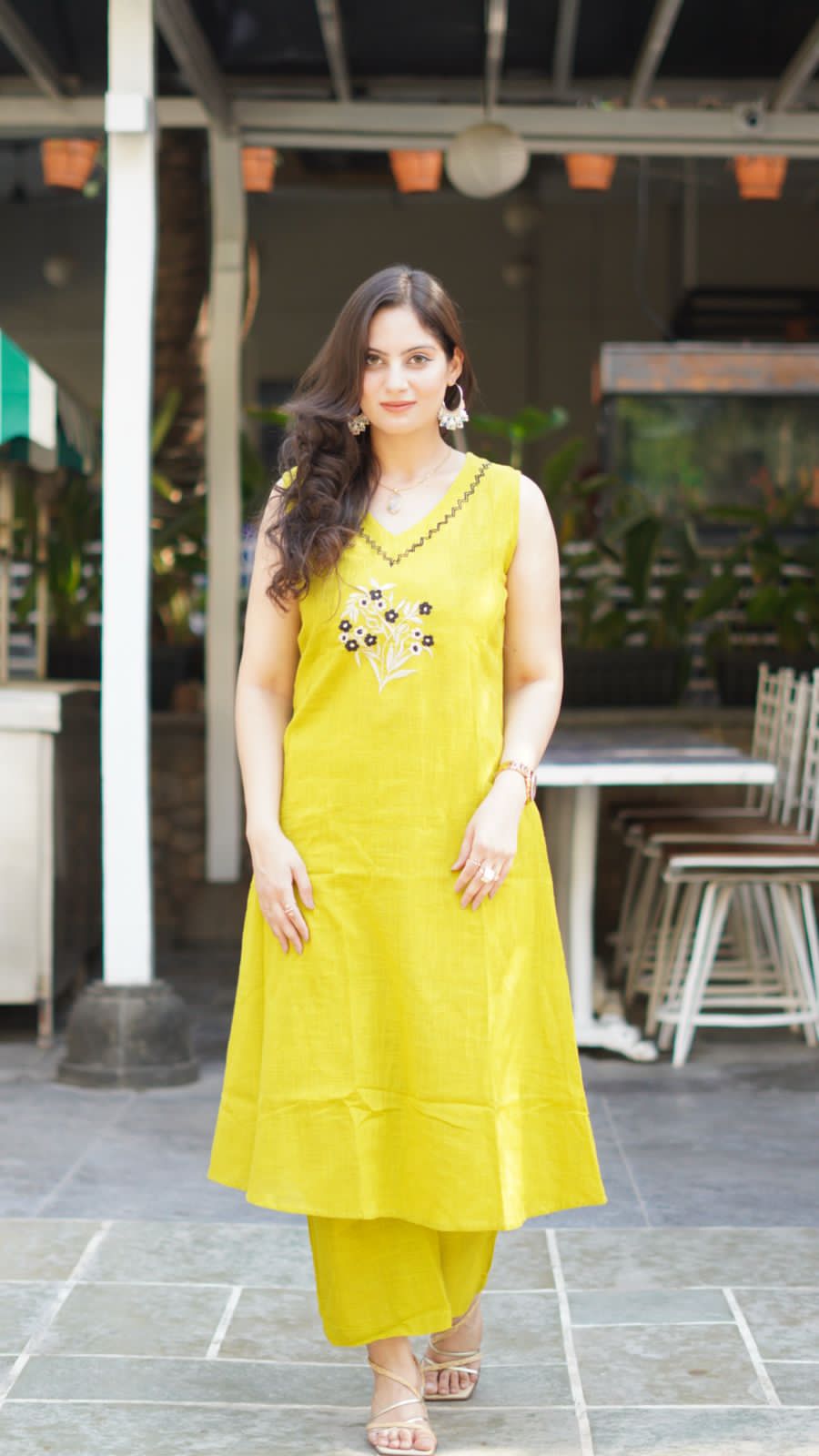 Yellow Work Embroidered Kurti with Palazzo