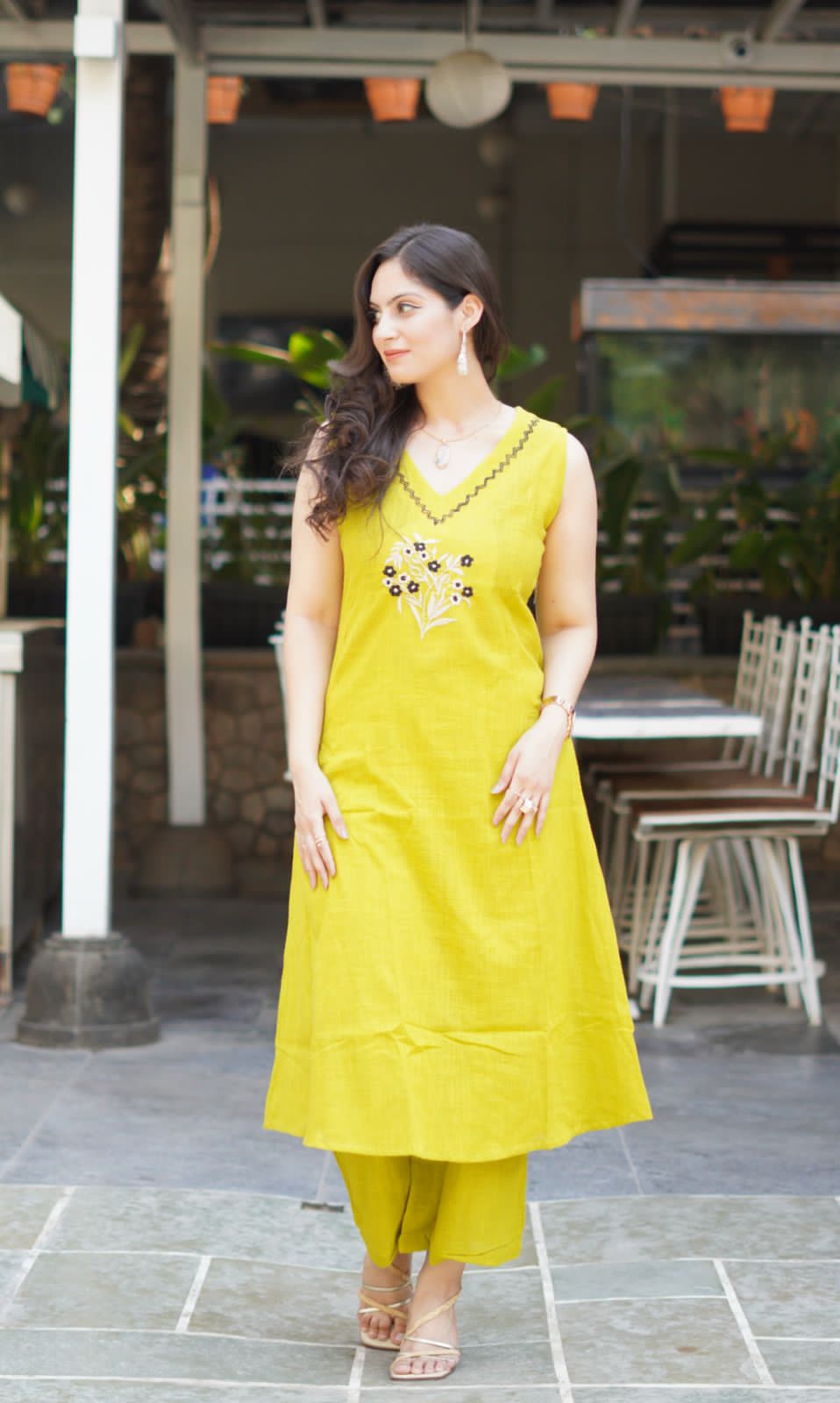 Yellow Work Embroidered Kurti with Palazzo