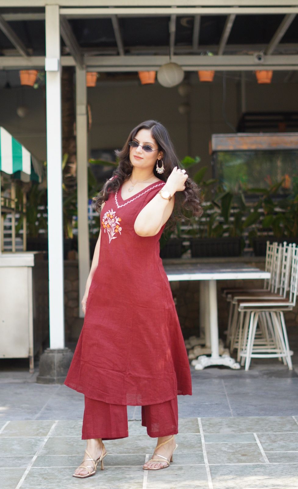 Maroon Work Embroidered Kurti with Palazzo