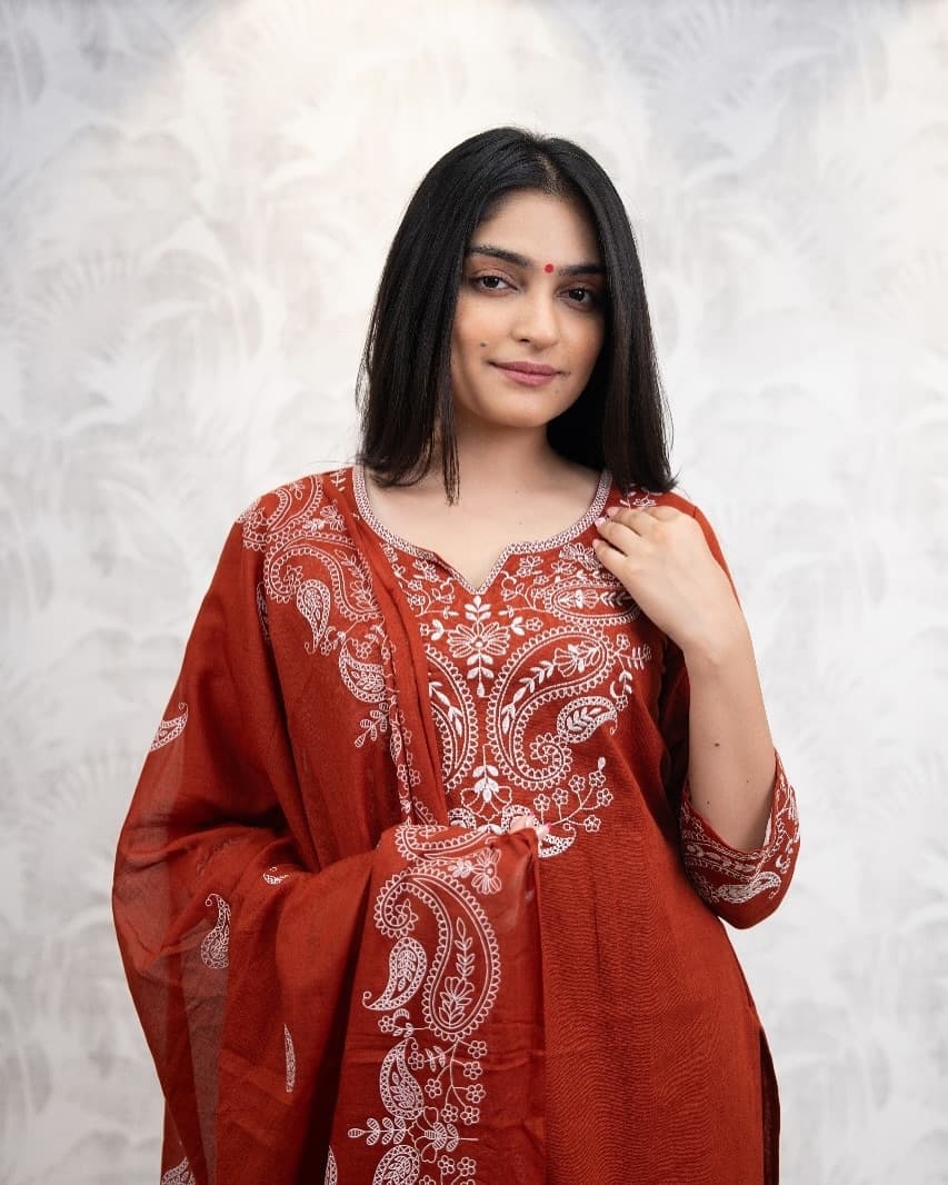 Cotton Printed Kurta Pant Dupatta Set With Embroidery