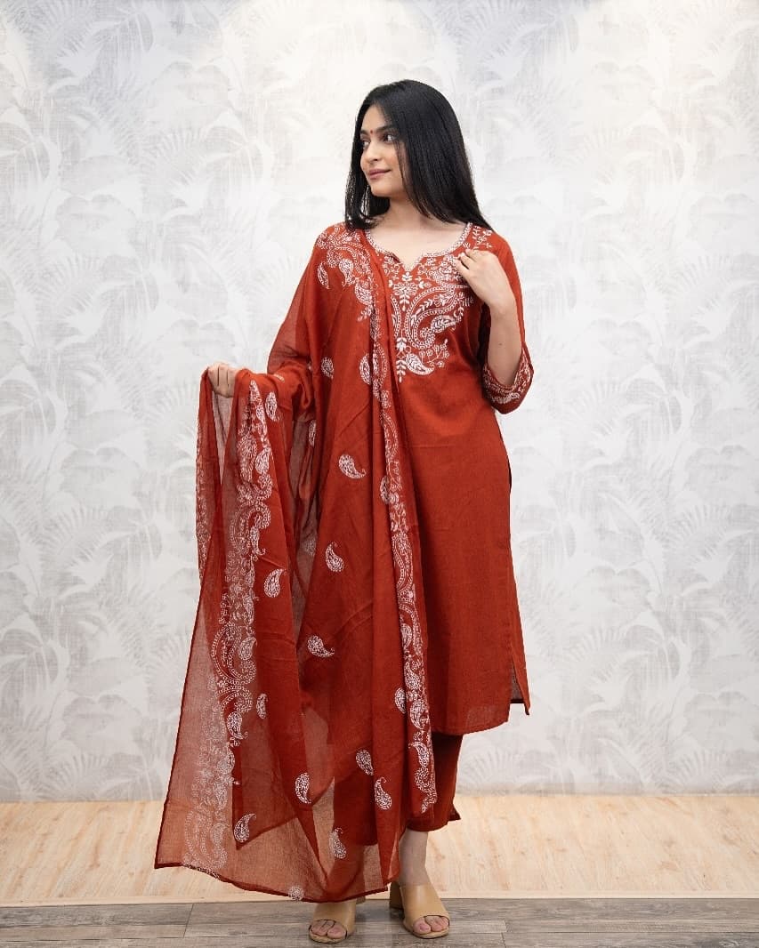 Cotton Printed Kurta Pant Dupatta Set With Embroidery