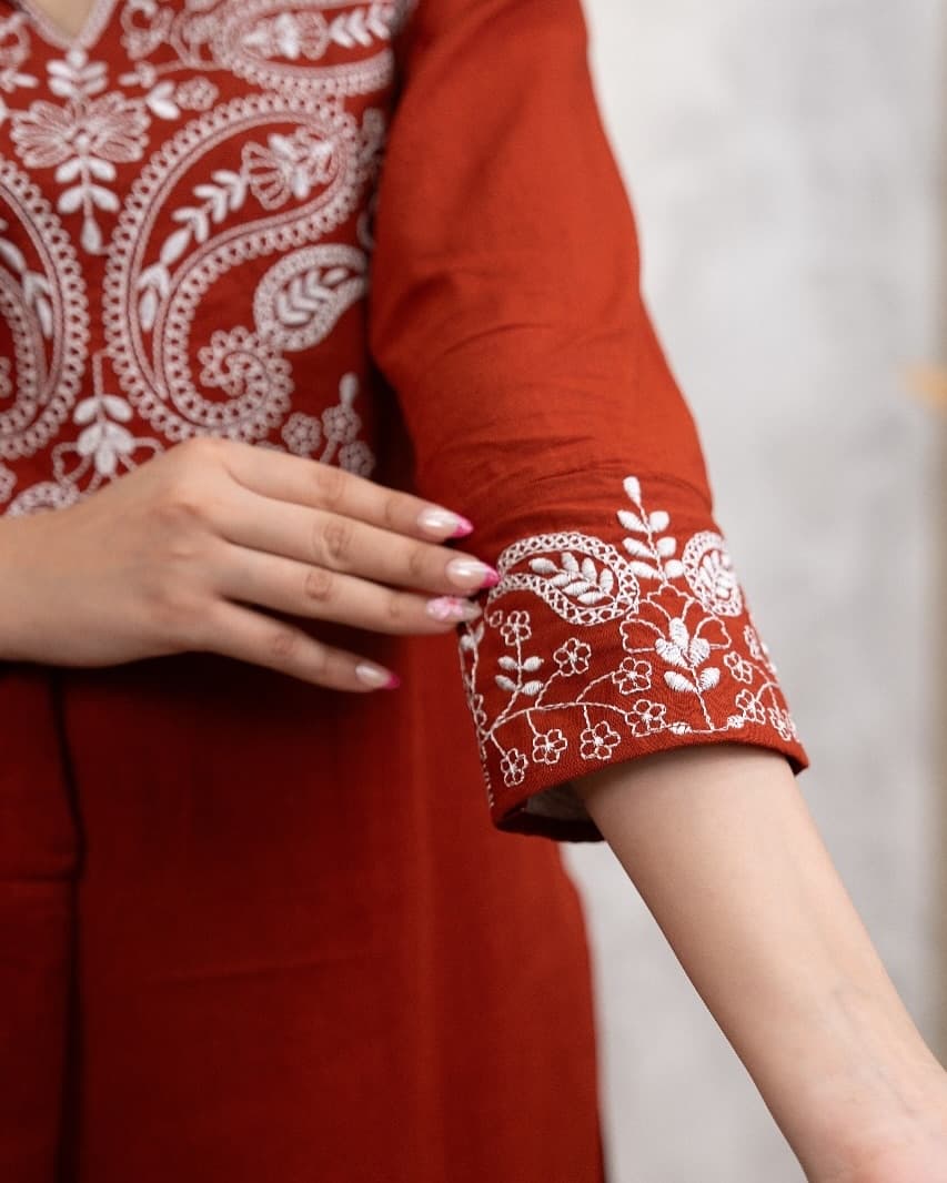 Cotton Printed Kurta Pant Dupatta Set With Embroidery