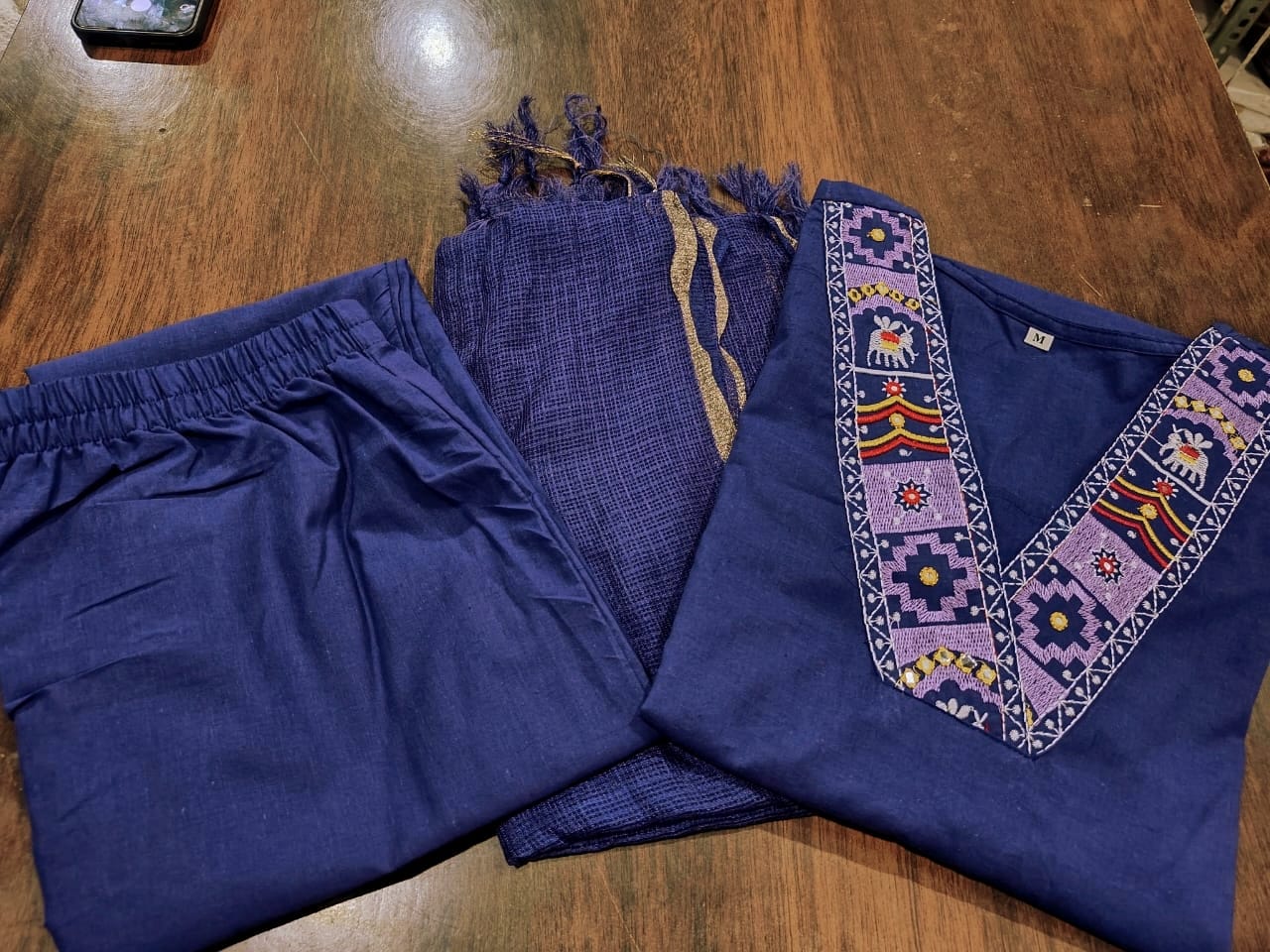 Blue Cotton Kurta Pant and Dupatta Set with Neck Work