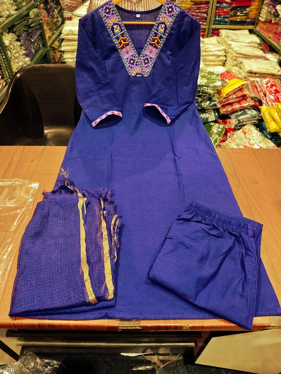 Blue Cotton Kurta Pant and Dupatta Set with Neck Work