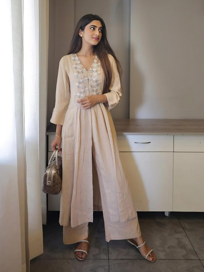Cream Cotton A-Line Kurti With Palazzo Set For Women