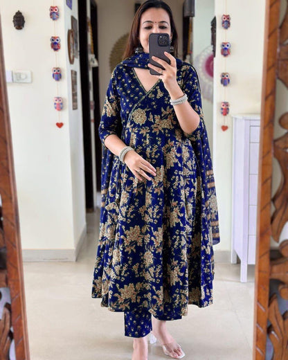 Anarkali Kurta Set With Angrakha Style For Women(BLUE)