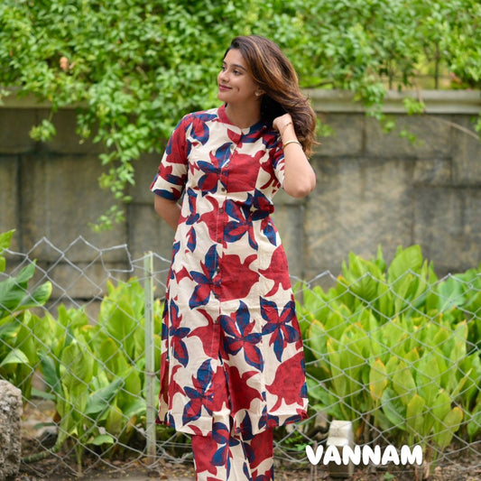 Women Casual Cotton Printed Red Co-Ord Set