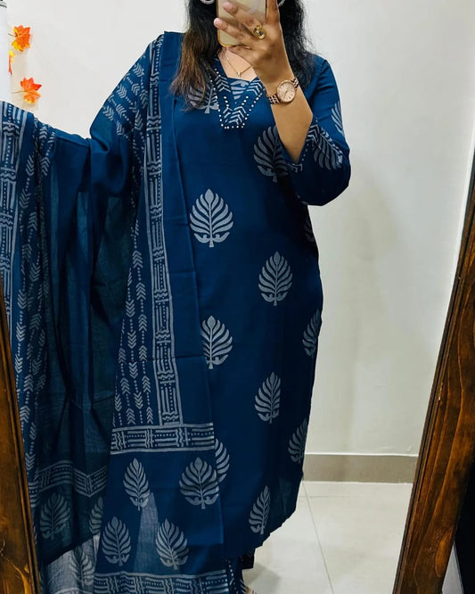Pure Cotton  Kurti Pant Set For Women (BLUE)